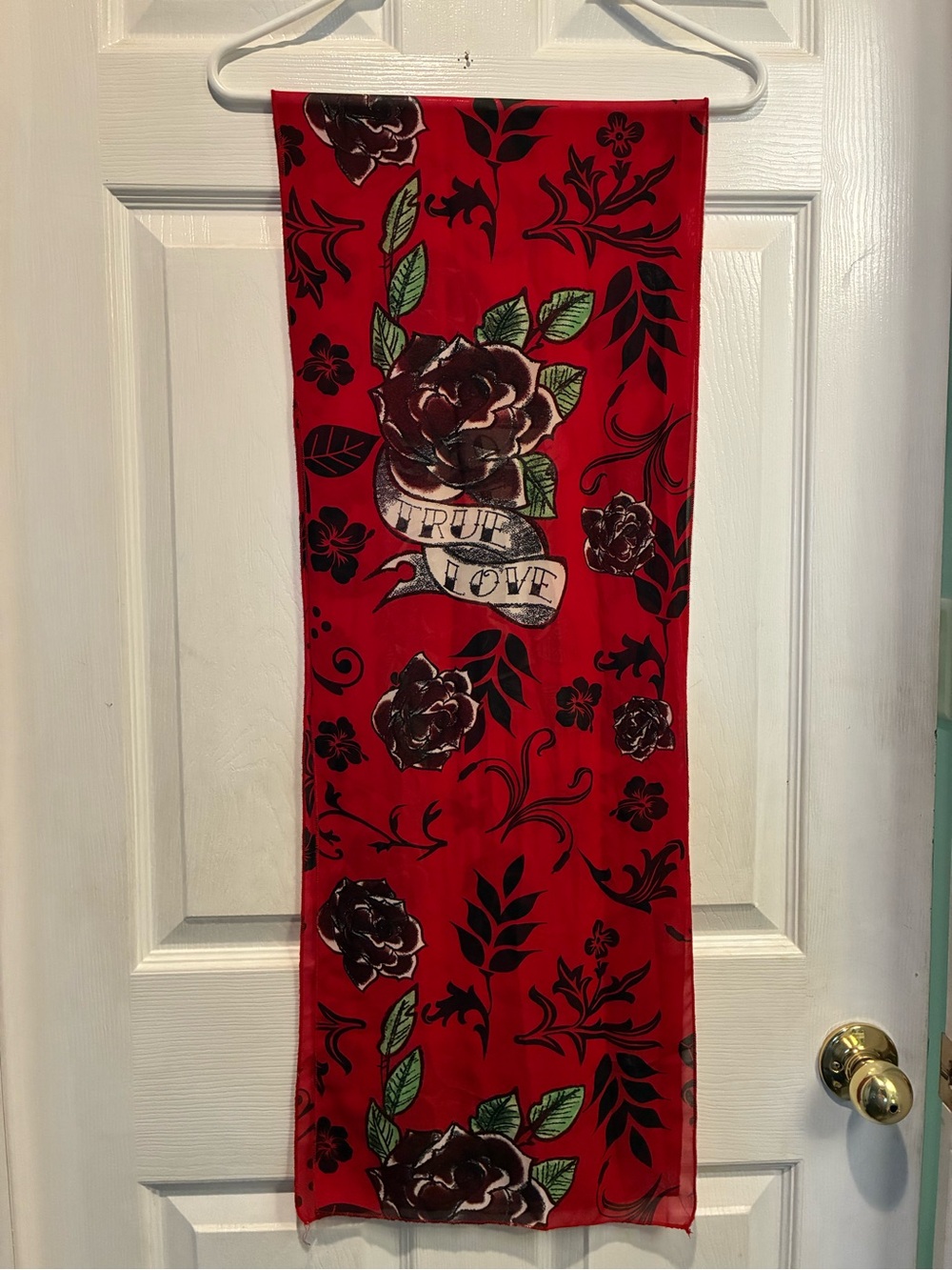 Vintage Ed Hardy Red Floral Scarf with 'True Love' Banner